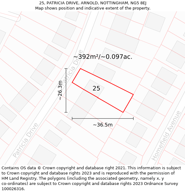 25, PATRICIA DRIVE, ARNOLD, NOTTINGHAM, NG5 8EJ: Plot and title map