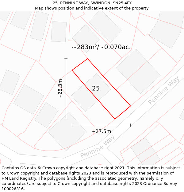 25, PENNINE WAY, SWINDON, SN25 4FY: Plot and title map