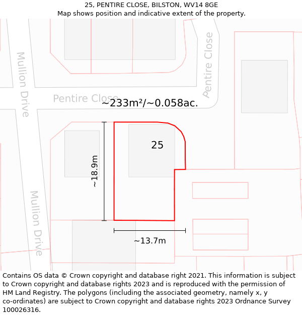 25, PENTIRE CLOSE, BILSTON, WV14 8GE: Plot and title map