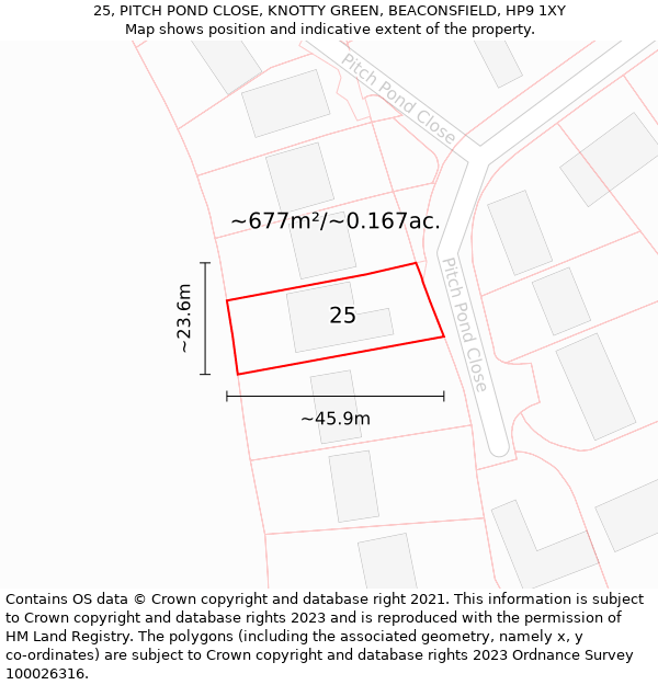 25, PITCH POND CLOSE, KNOTTY GREEN, BEACONSFIELD, HP9 1XY: Plot and title map