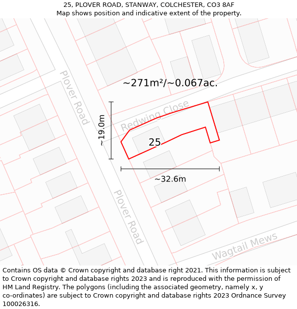 25, PLOVER ROAD, STANWAY, COLCHESTER, CO3 8AF: Plot and title map