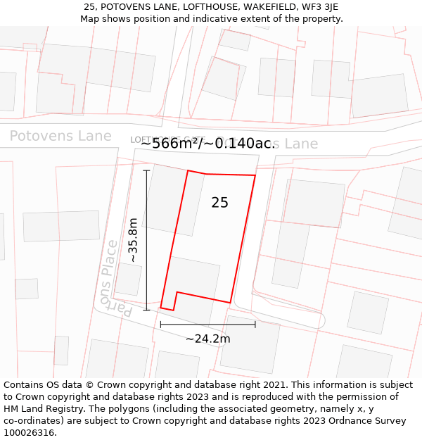 25, POTOVENS LANE, LOFTHOUSE, WAKEFIELD, WF3 3JE: Plot and title map