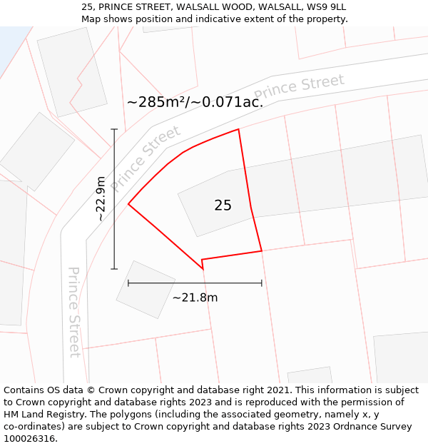 25, PRINCE STREET, WALSALL WOOD, WALSALL, WS9 9LL: Plot and title map