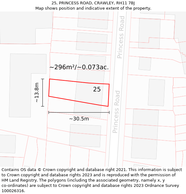 25, PRINCESS ROAD, CRAWLEY, RH11 7BJ: Plot and title map