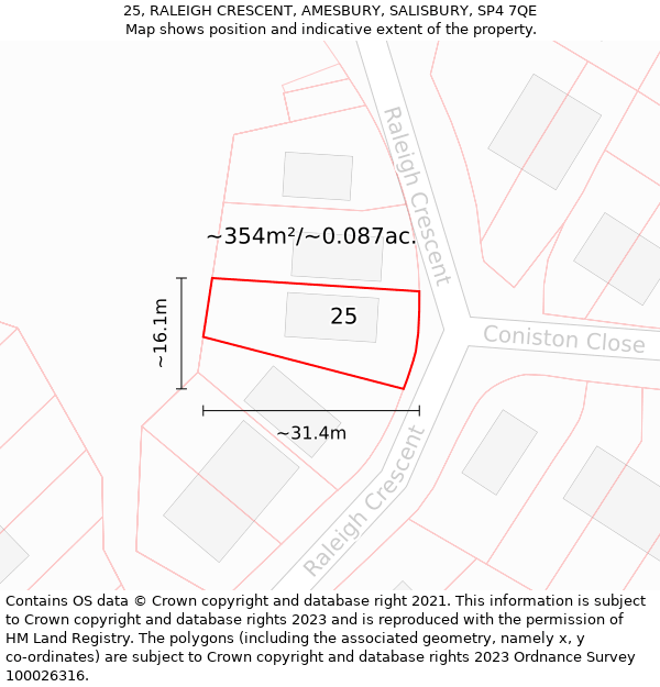 25, RALEIGH CRESCENT, AMESBURY, SALISBURY, SP4 7QE: Plot and title map