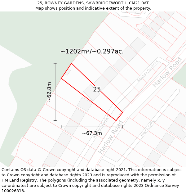 25, ROWNEY GARDENS, SAWBRIDGEWORTH, CM21 0AT: Plot and title map