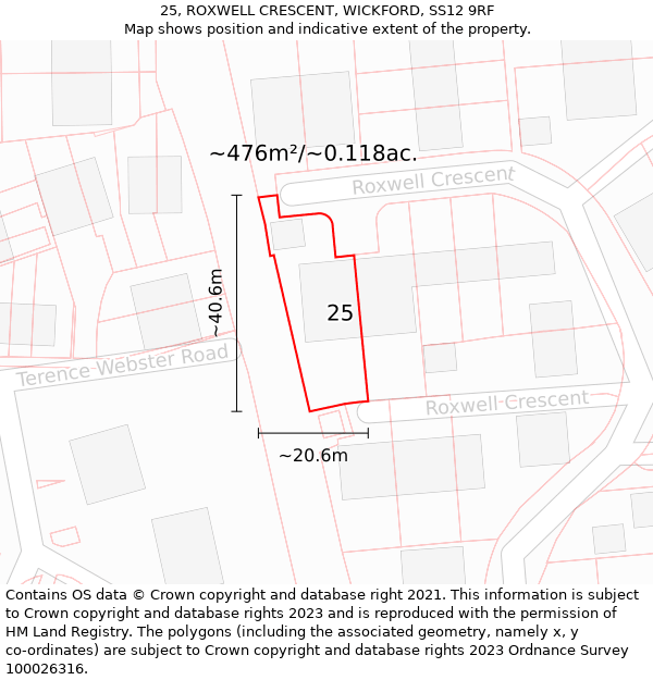 25, ROXWELL CRESCENT, WICKFORD, SS12 9RF: Plot and title map