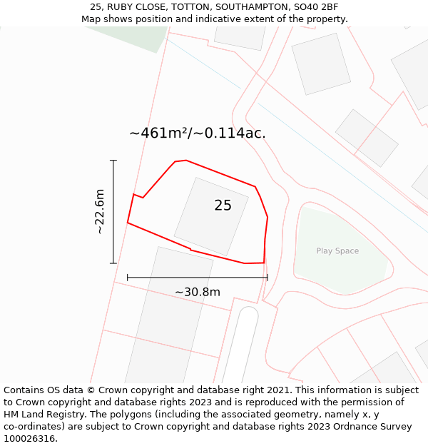 25, RUBY CLOSE, TOTTON, SOUTHAMPTON, SO40 2BF: Plot and title map