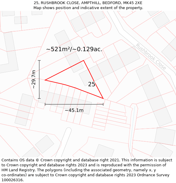 25, RUSHBROOK CLOSE, AMPTHILL, BEDFORD, MK45 2XE: Plot and title map