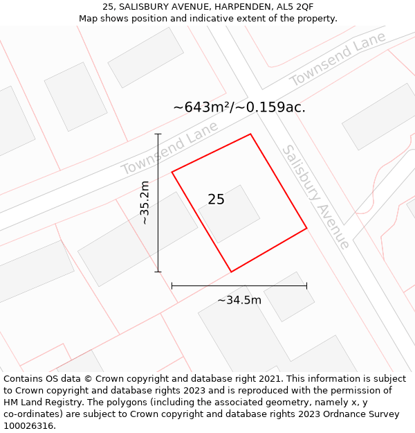 25, SALISBURY AVENUE, HARPENDEN, AL5 2QF: Plot and title map