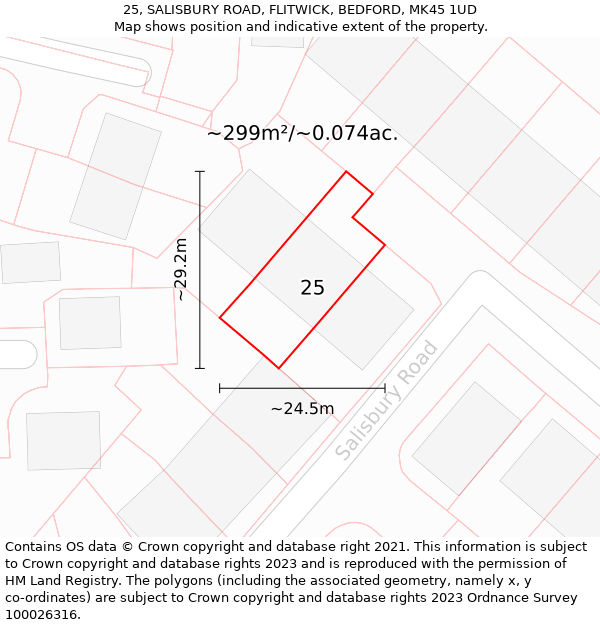 25, SALISBURY ROAD, FLITWICK, BEDFORD, MK45 1UD: Plot and title map