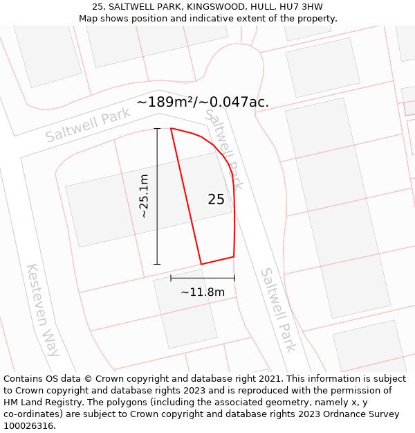 25, SALTWELL PARK, KINGSWOOD, HULL, HU7 3HW: Plot and title map