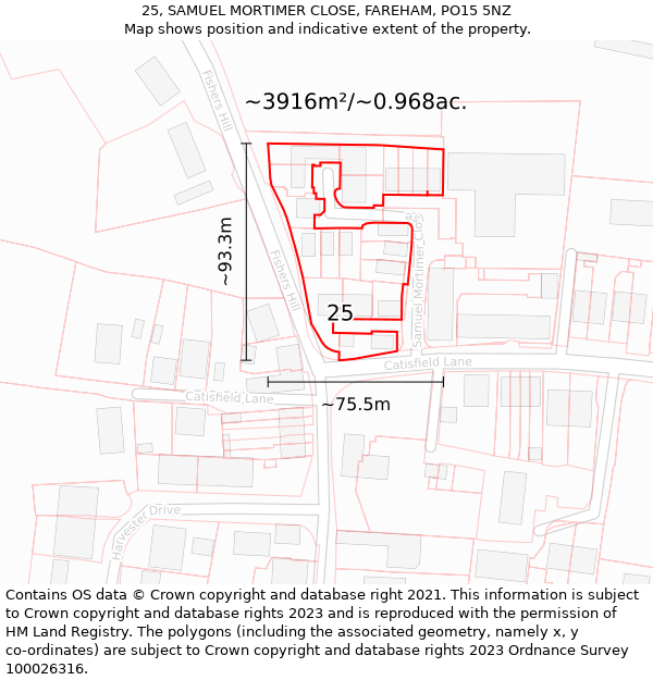 25, SAMUEL MORTIMER CLOSE, FAREHAM, PO15 5NZ: Plot and title map