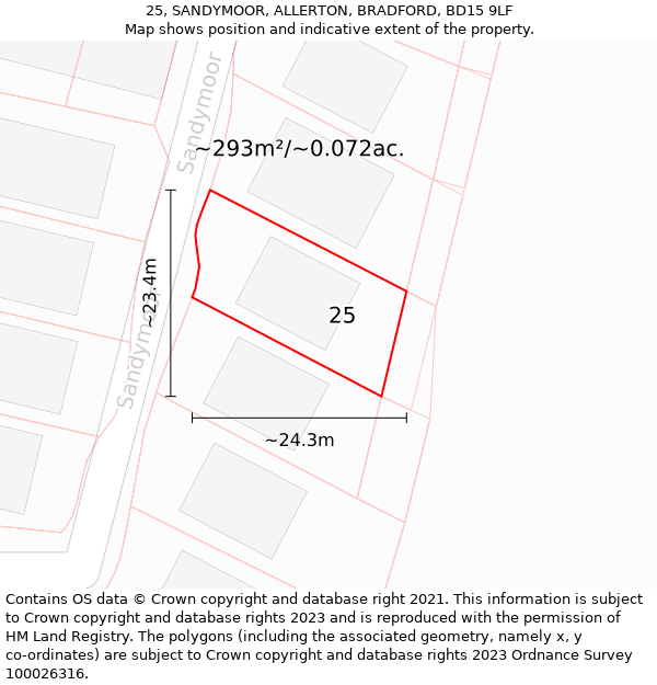 25, SANDYMOOR, ALLERTON, BRADFORD, BD15 9LF: Plot and title map