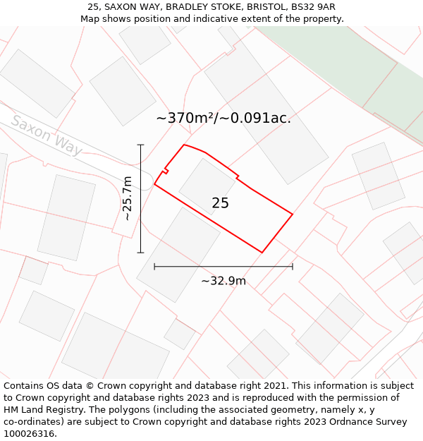 25, SAXON WAY, BRADLEY STOKE, BRISTOL, BS32 9AR: Plot and title map