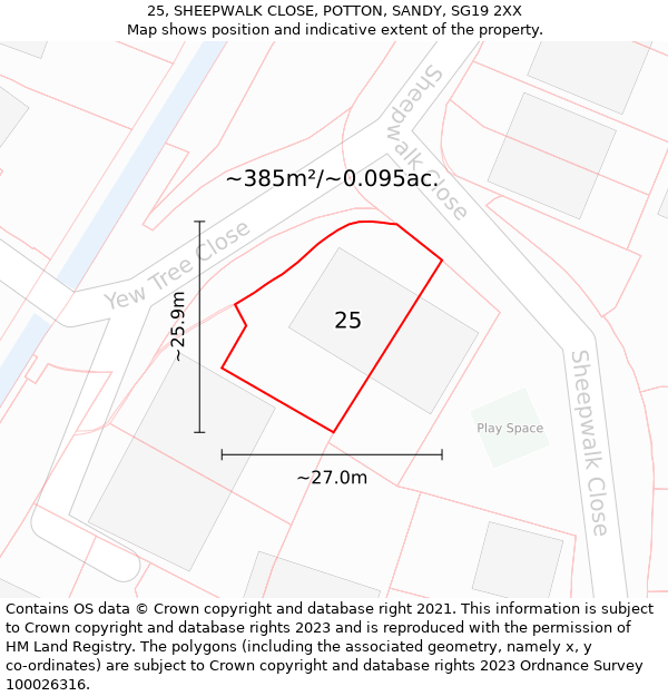 25, SHEEPWALK CLOSE, POTTON, SANDY, SG19 2XX: Plot and title map