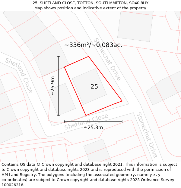 25, SHETLAND CLOSE, TOTTON, SOUTHAMPTON, SO40 8HY: Plot and title map