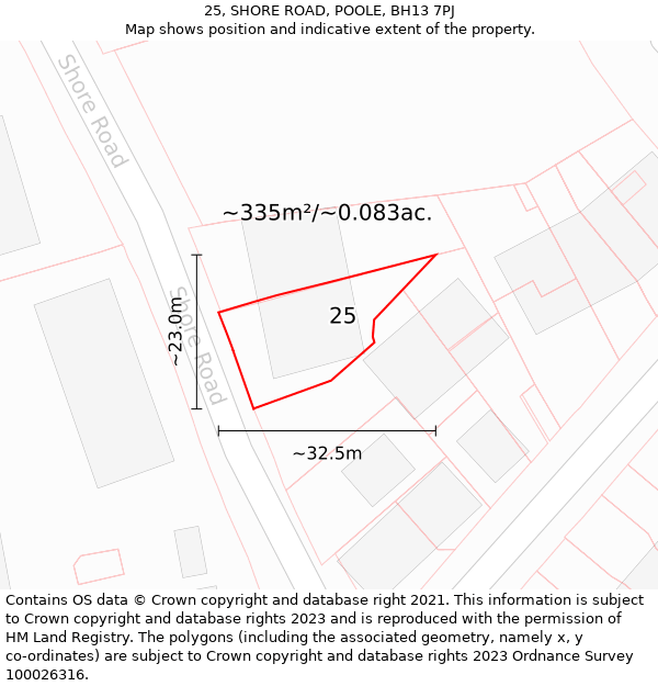 25, SHORE ROAD, POOLE, BH13 7PJ: Plot and title map