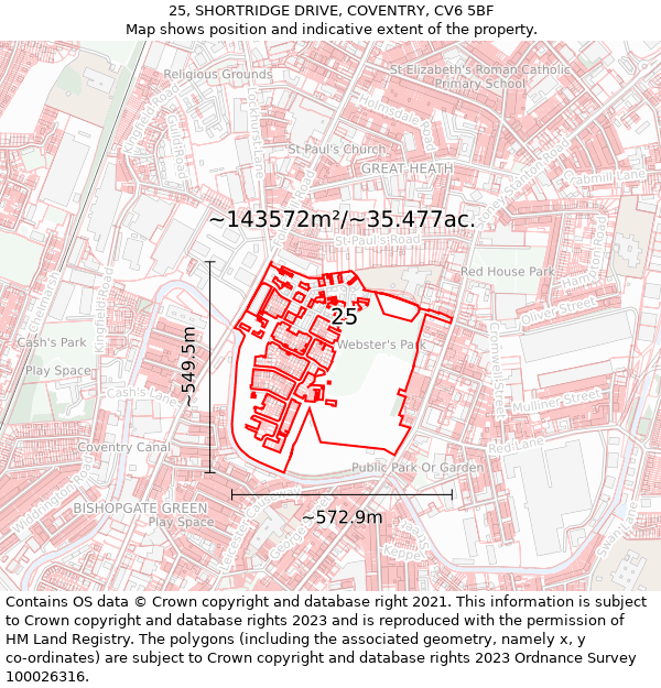 25, SHORTRIDGE DRIVE, COVENTRY, CV6 5BF: Plot and title map