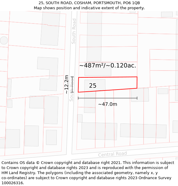 25, SOUTH ROAD, COSHAM, PORTSMOUTH, PO6 1QB: Plot and title map