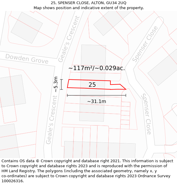 25, SPENSER CLOSE, ALTON, GU34 2UQ: Plot and title map