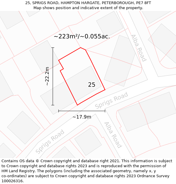 25, SPRIGS ROAD, HAMPTON HARGATE, PETERBOROUGH, PE7 8FT: Plot and title map