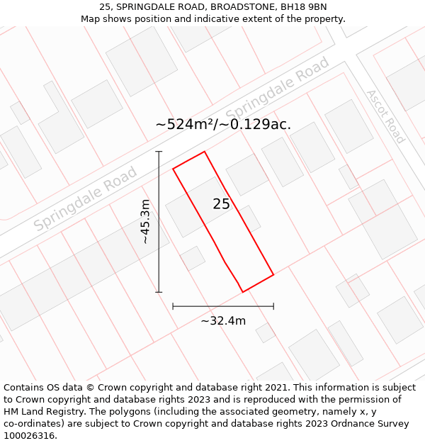 25, SPRINGDALE ROAD, BROADSTONE, BH18 9BN: Plot and title map