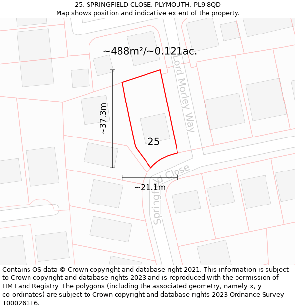 25, SPRINGFIELD CLOSE, PLYMOUTH, PL9 8QD: Plot and title map