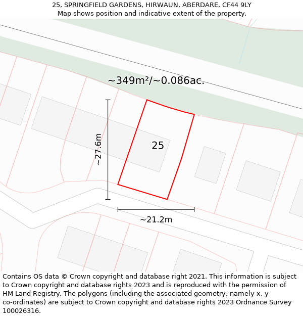 25, SPRINGFIELD GARDENS, HIRWAUN, ABERDARE, CF44 9LY: Plot and title map