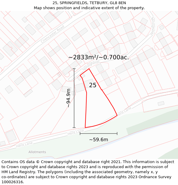 25, SPRINGFIELDS, TETBURY, GL8 8EN: Plot and title map