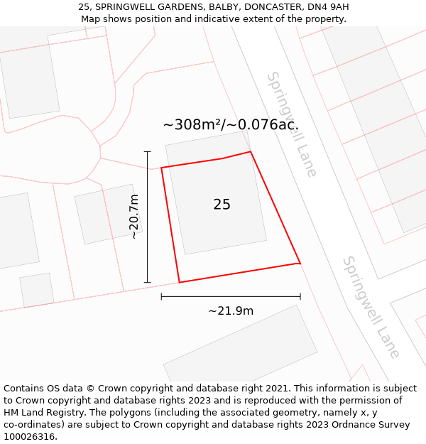 25, SPRINGWELL GARDENS, BALBY, DONCASTER, DN4 9AH: Plot and title map