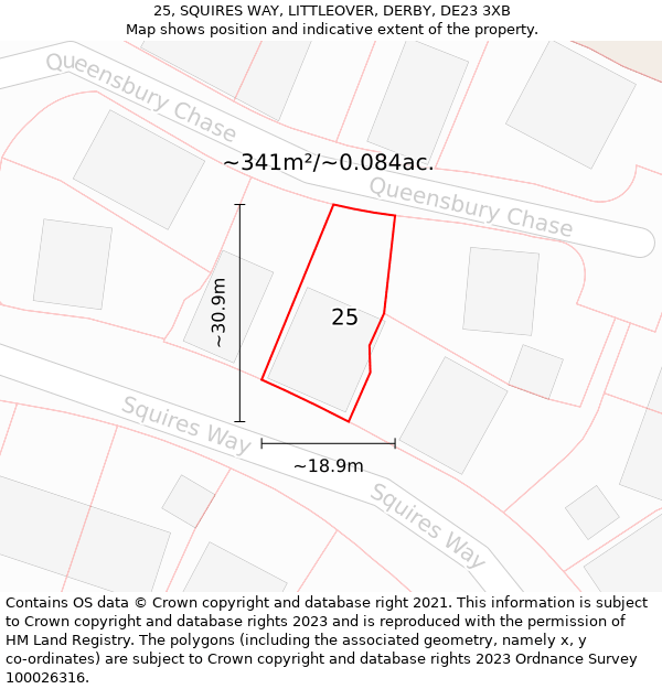 25, SQUIRES WAY, LITTLEOVER, DERBY, DE23 3XB: Plot and title map