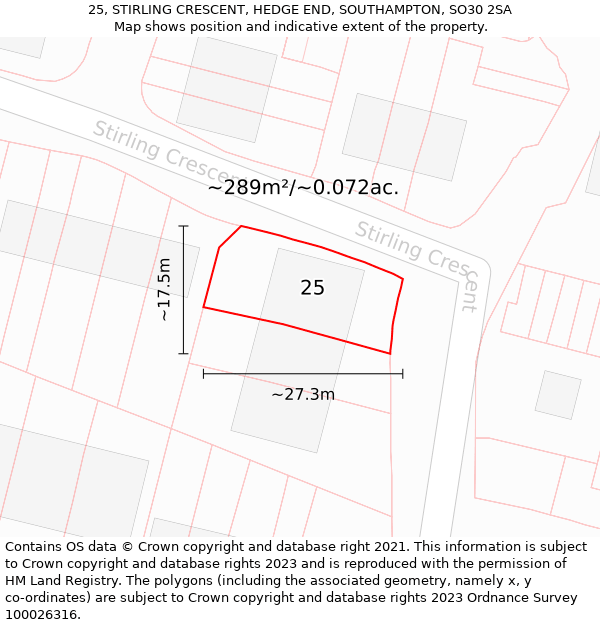 25, STIRLING CRESCENT, HEDGE END, SOUTHAMPTON, SO30 2SA: Plot and title map