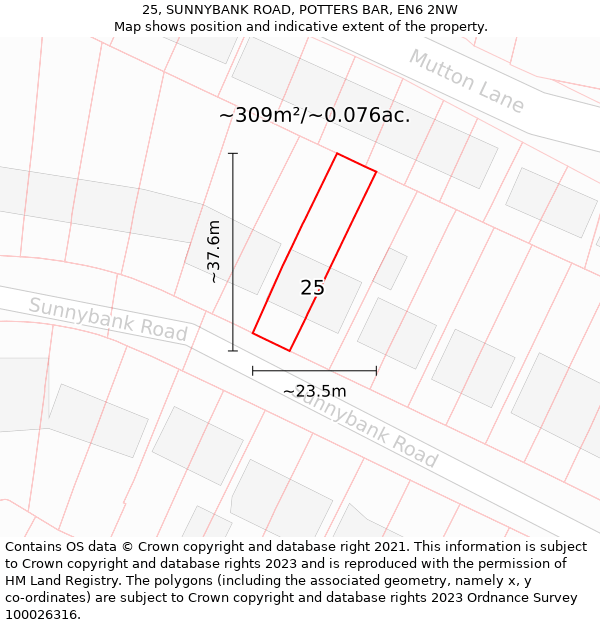 25, SUNNYBANK ROAD, POTTERS BAR, EN6 2NW: Plot and title map