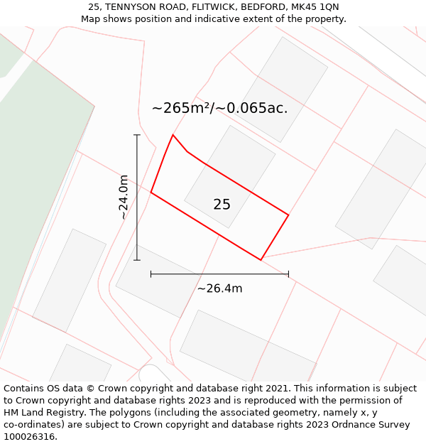 25, TENNYSON ROAD, FLITWICK, BEDFORD, MK45 1QN: Plot and title map