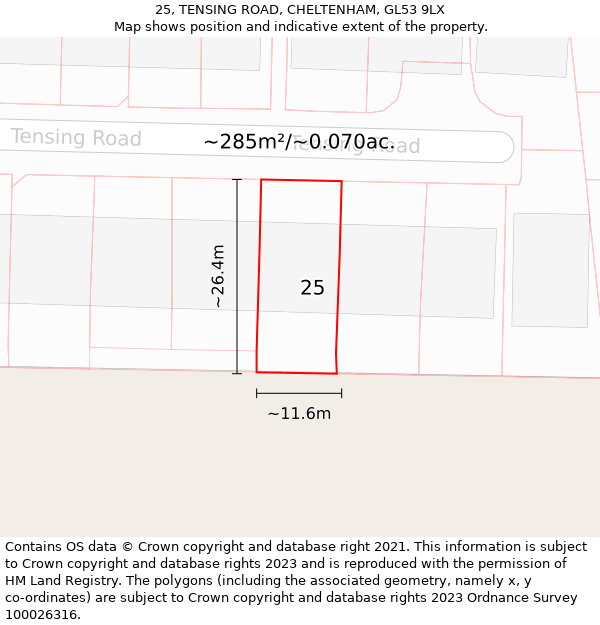 25, TENSING ROAD, CHELTENHAM, GL53 9LX: Plot and title map