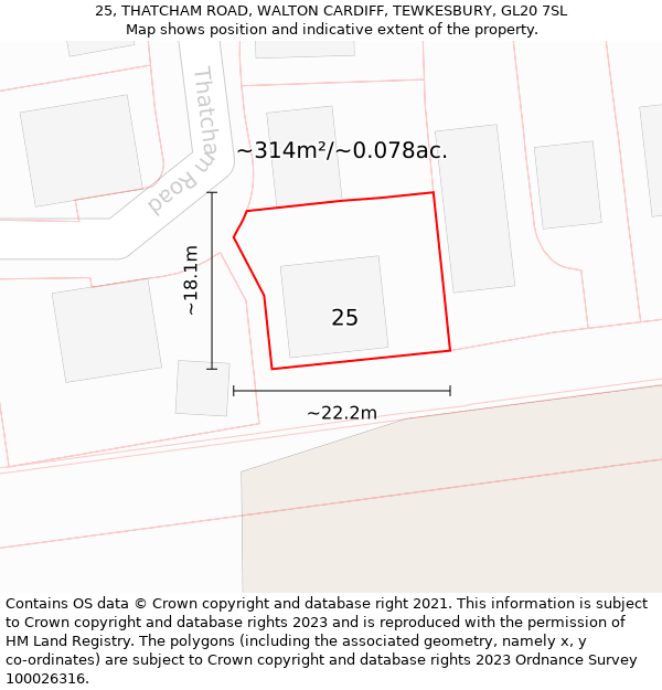 25, THATCHAM ROAD, WALTON CARDIFF, TEWKESBURY, GL20 7SL: Plot and title map