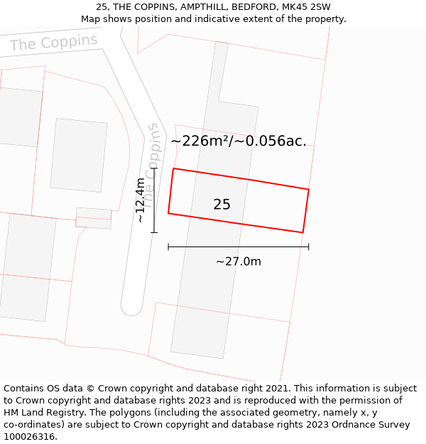 25, THE COPPINS, AMPTHILL, BEDFORD, MK45 2SW: Plot and title map