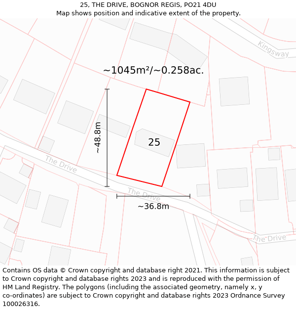 25, THE DRIVE, BOGNOR REGIS, PO21 4DU: Plot and title map