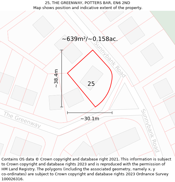 25, THE GREENWAY, POTTERS BAR, EN6 2ND: Plot and title map