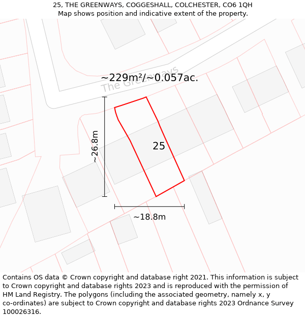 25, THE GREENWAYS, COGGESHALL, COLCHESTER, CO6 1QH: Plot and title map