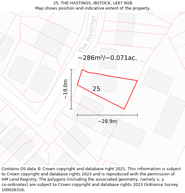 25, THE HASTINGS, IBSTOCK, LE67 6GB: Plot and title map