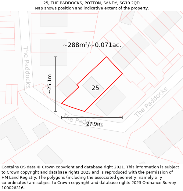 25, THE PADDOCKS, POTTON, SANDY, SG19 2QD: Plot and title map