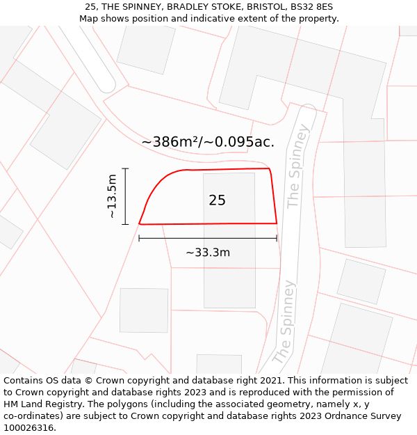 25, THE SPINNEY, BRADLEY STOKE, BRISTOL, BS32 8ES: Plot and title map