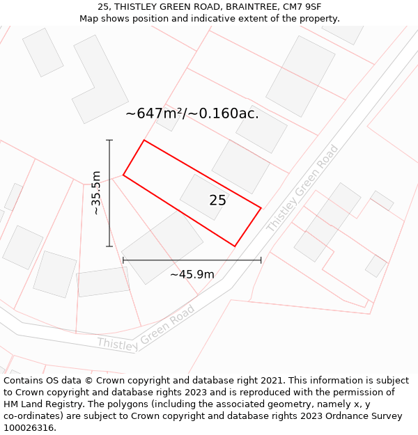 25, THISTLEY GREEN ROAD, BRAINTREE, CM7 9SF: Plot and title map