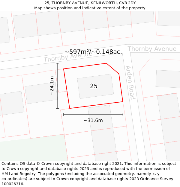 25, THORNBY AVENUE, KENILWORTH, CV8 2DY: Plot and title map