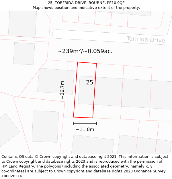 25, TORFRIDA DRIVE, BOURNE, PE10 9QF: Plot and title map