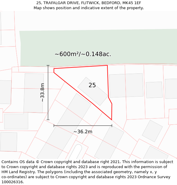 25, TRAFALGAR DRIVE, FLITWICK, BEDFORD, MK45 1EF: Plot and title map