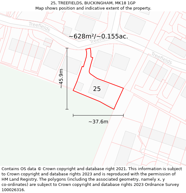 25, TREEFIELDS, BUCKINGHAM, MK18 1GP: Plot and title map