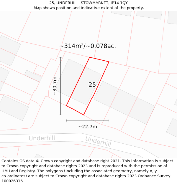 25, UNDERHILL, STOWMARKET, IP14 1QY: Plot and title map